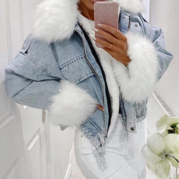 Washed White Short Denim Fur Integrated Jacket - Image 3