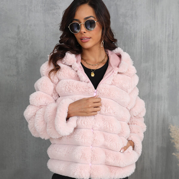 Women's Striped Hooded Imitation Fur Short Jacket - Image 5