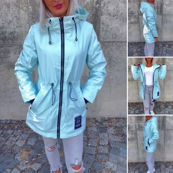 Solid Color Hooded Zipper Drawstring Waist Trimming Coat - Image 4